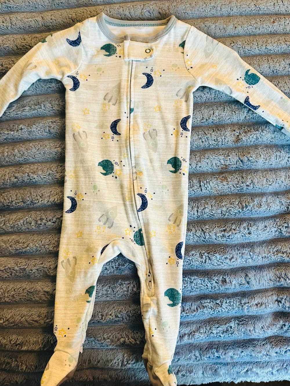 cloud island Cream Footed One-Piece Pajamas with Blue & Green Space Print